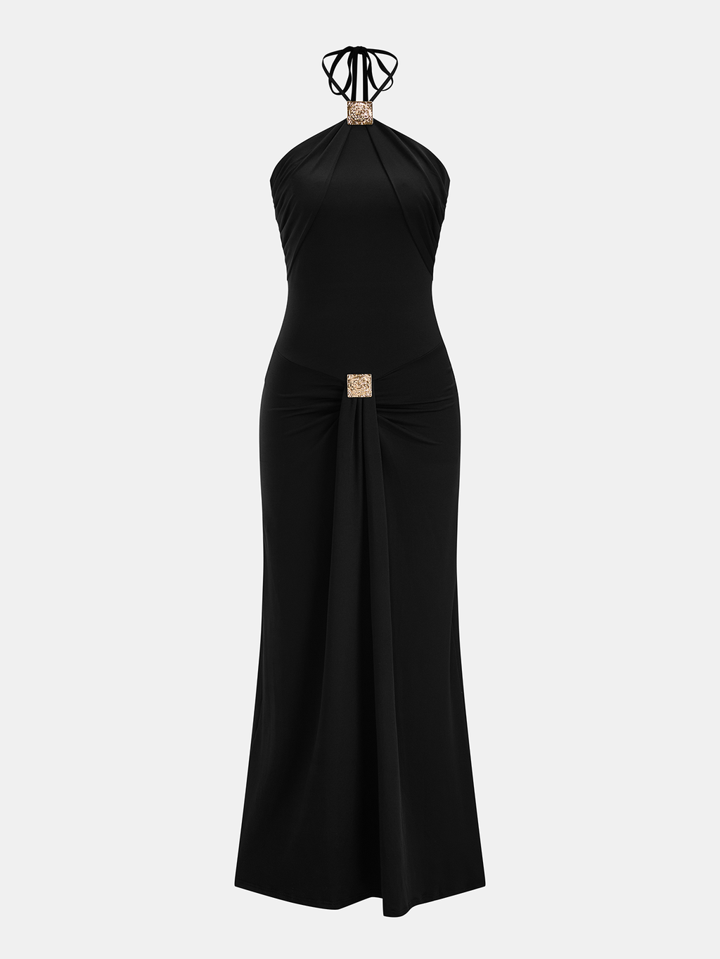 Halter Yaka Büzgülü İşlemeli Maxi Elbise