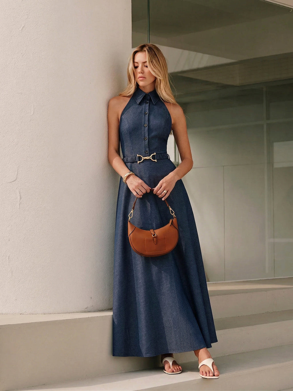 Halter Yaka Kemerli Yakalı Denim Maxi Elbise