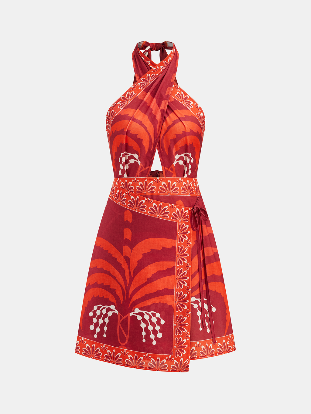 Tropikal Desenli Halter Yaka Anvelop Mini Elbise