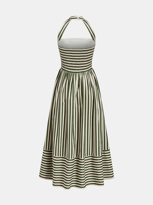 Çizgili Halter Yaka Maxi Elbise