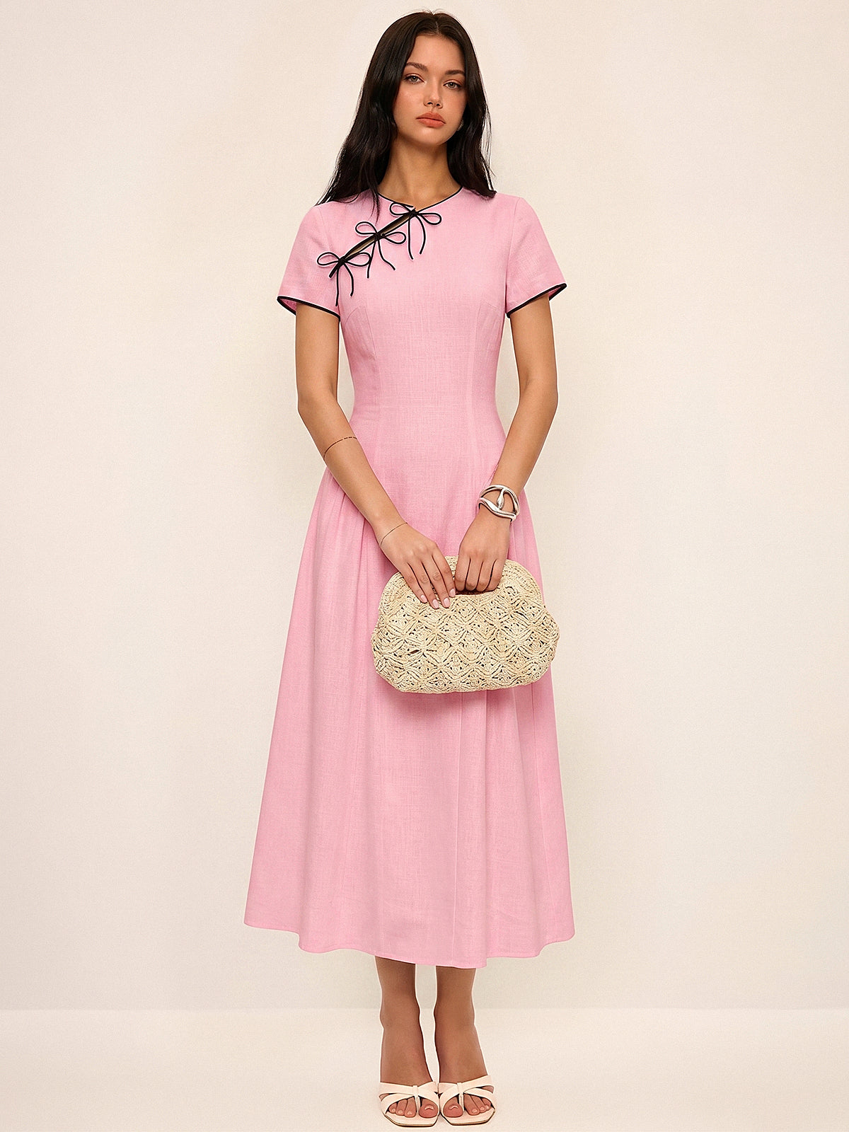 Fiyonk Detaylı Pamuklu Cheongsam Midi Elbise
