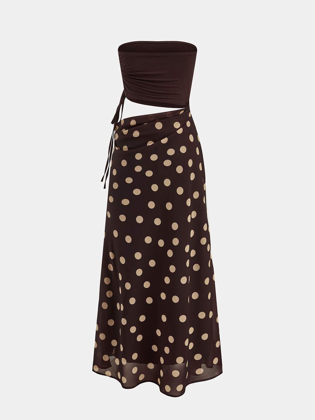 Puantiyeli Bel Dekolteli Bandeau Maxi Elbise