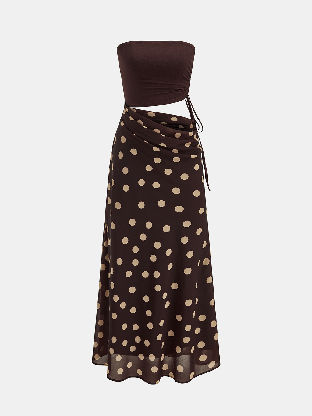 Puantiyeli Bel Dekolteli Bandeau Maxi Elbise