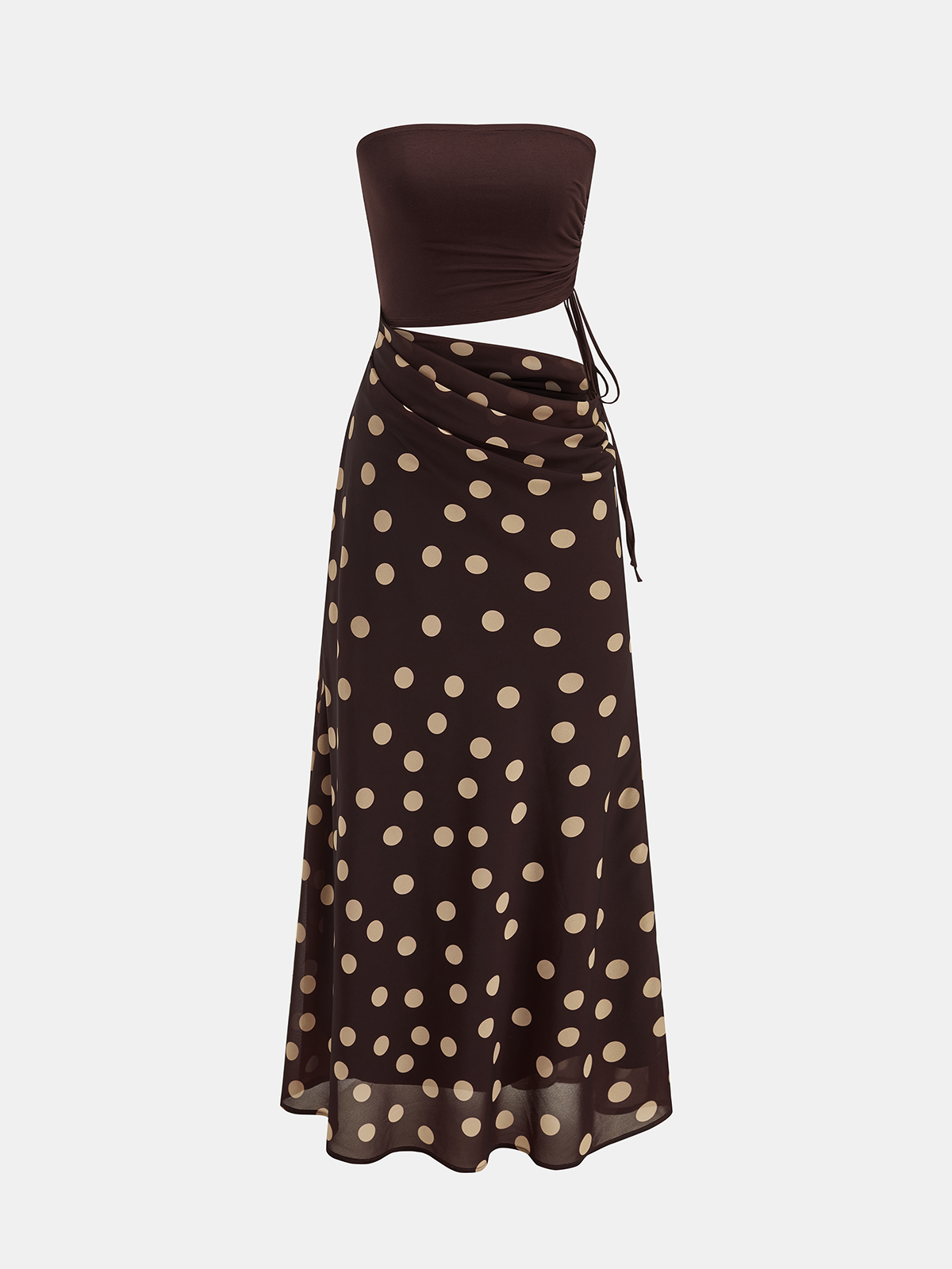 Puantiyeli Bel Dekolteli Bandeau Maxi Elbise