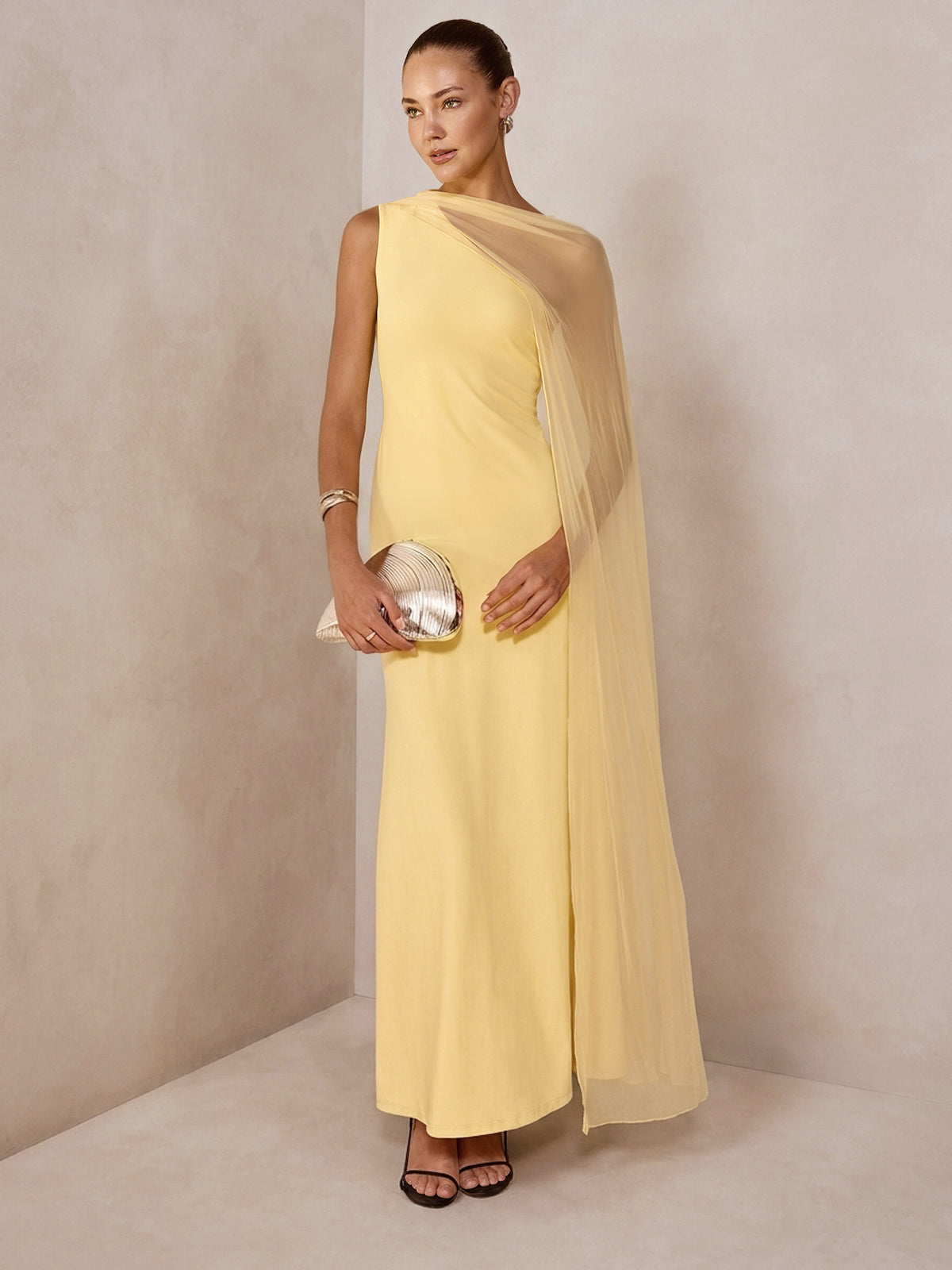 Transparan Drape Slim Maxi Abiye Elbise