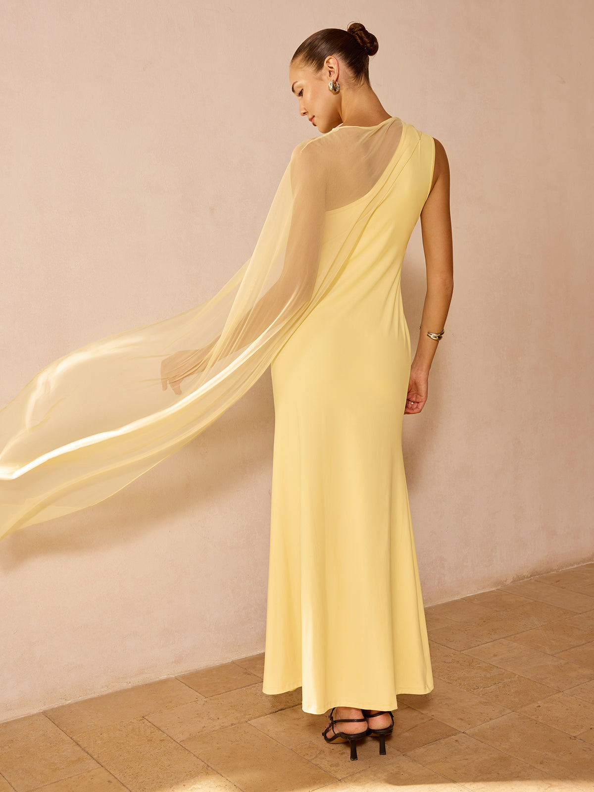 Transparan Drape Slim Maxi Abiye Elbise