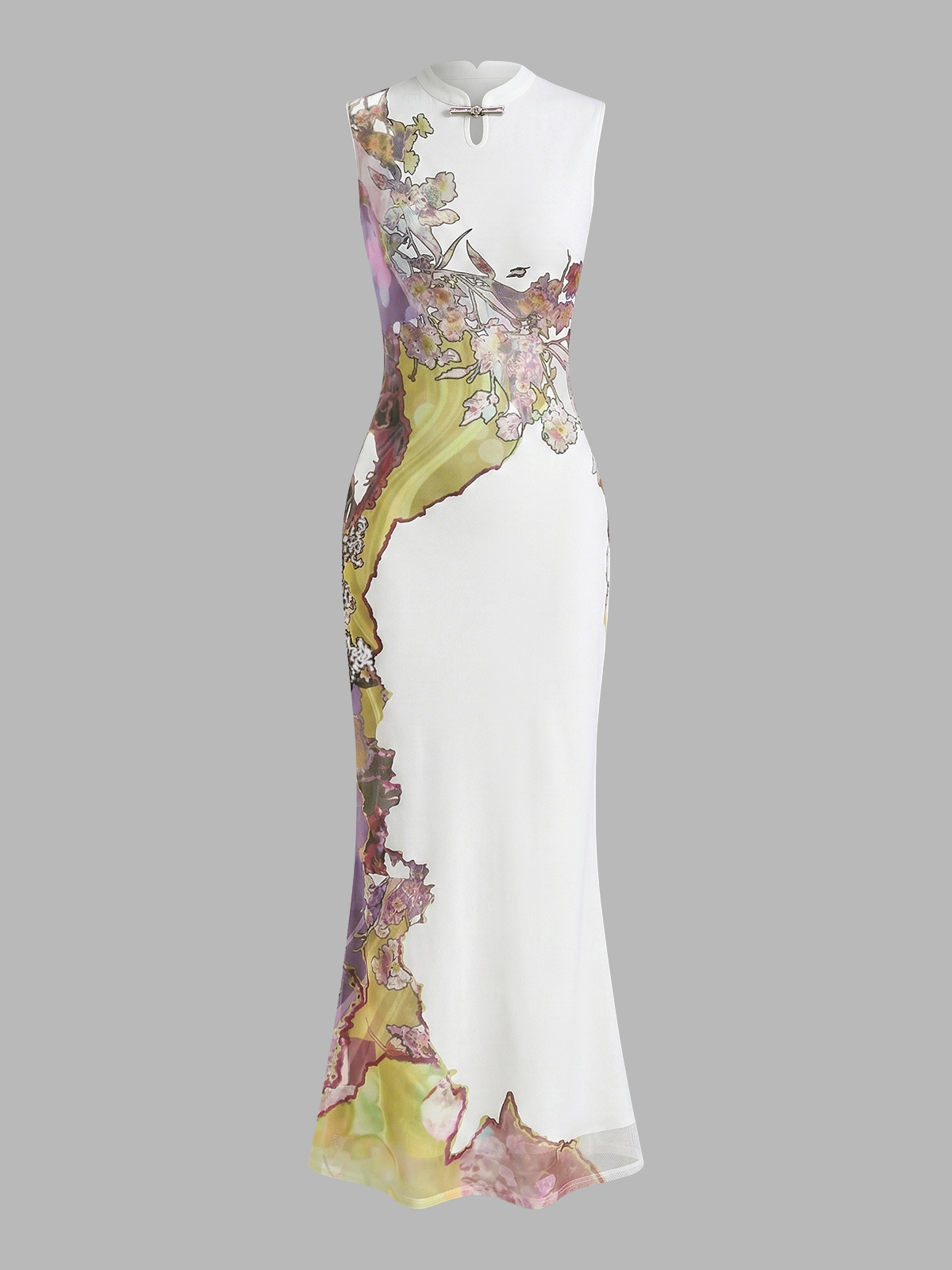 Kolsuz Çiçek Desenli Cheongsam Maxi Elbise