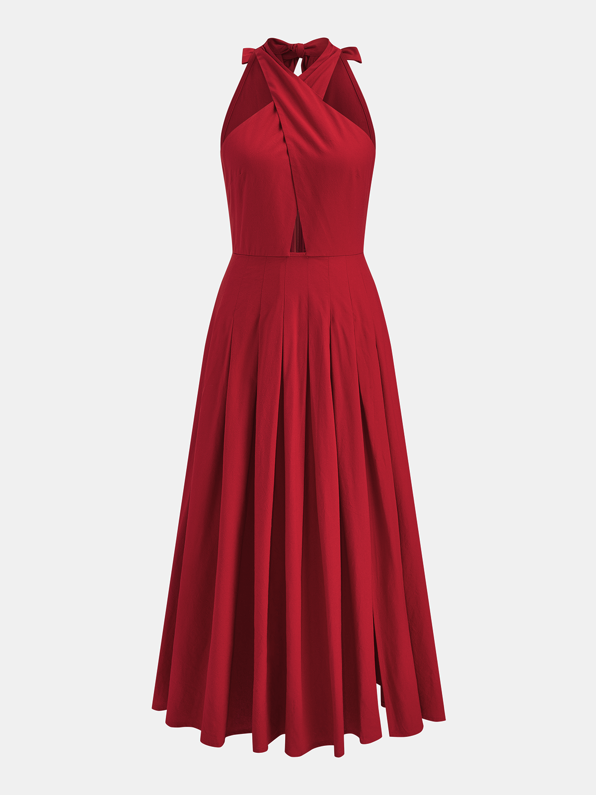 Halter Yaka Yırtmaçlı Pamuk Keten Maxi Elbise
