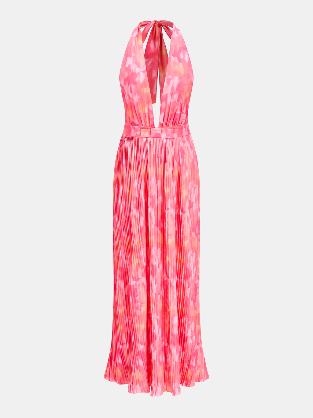Suluboya Desenli Pileli Halter Yaka Maxi Elbise