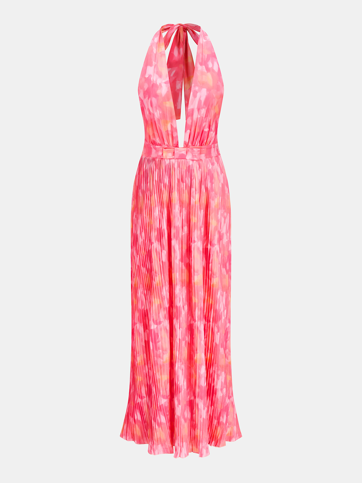 Suluboya Desenli Pileli Halter Yaka Maxi Elbise