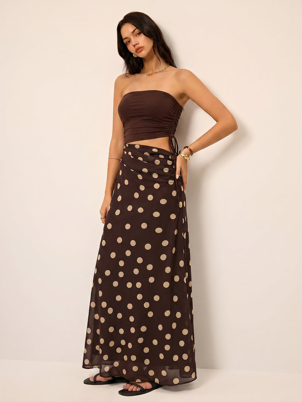 Puantiyeli Bel Dekolteli Bandeau Maxi Elbise