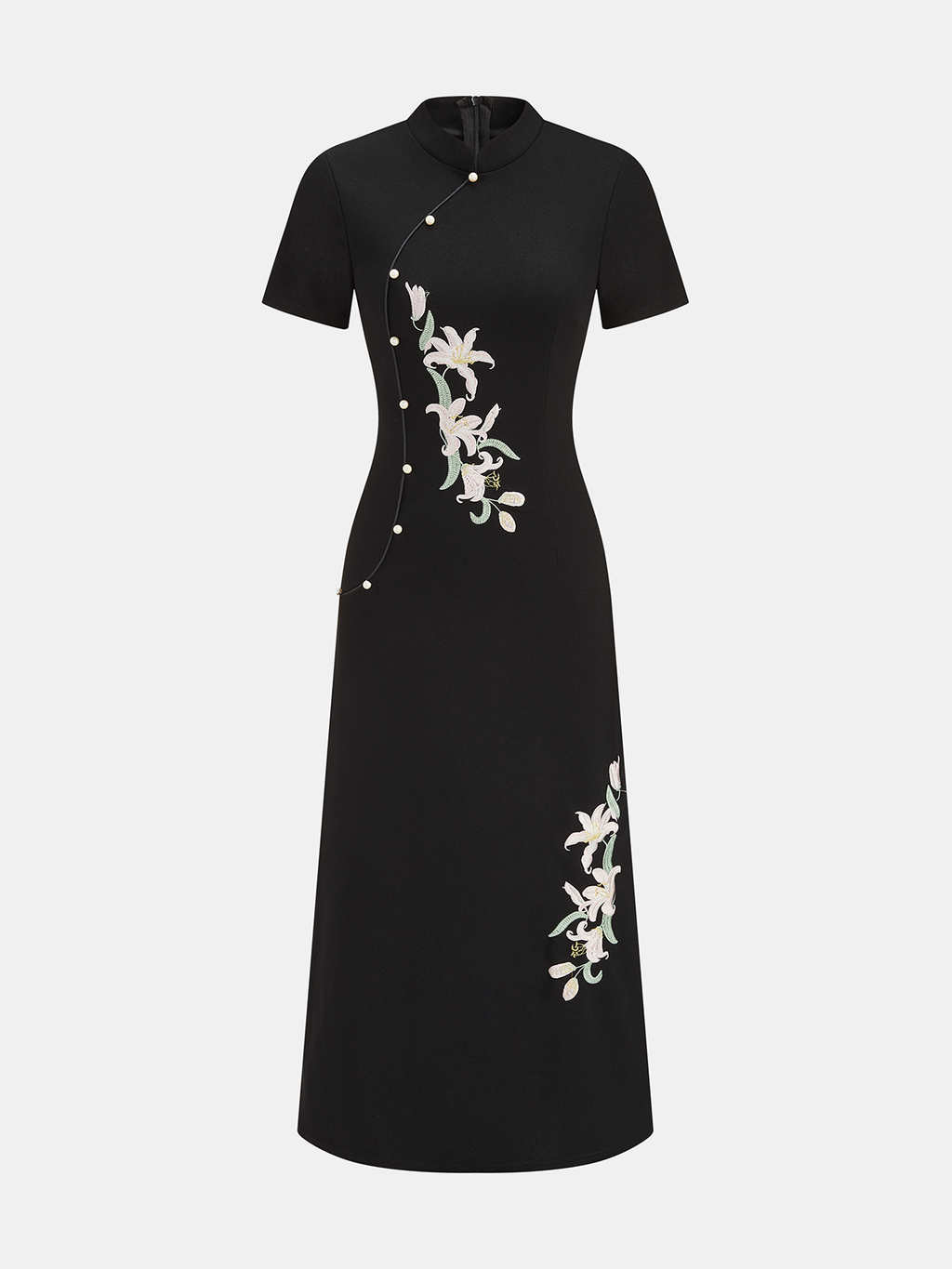 Çiçek Nakışlı Cheongsam Maxi Elbise