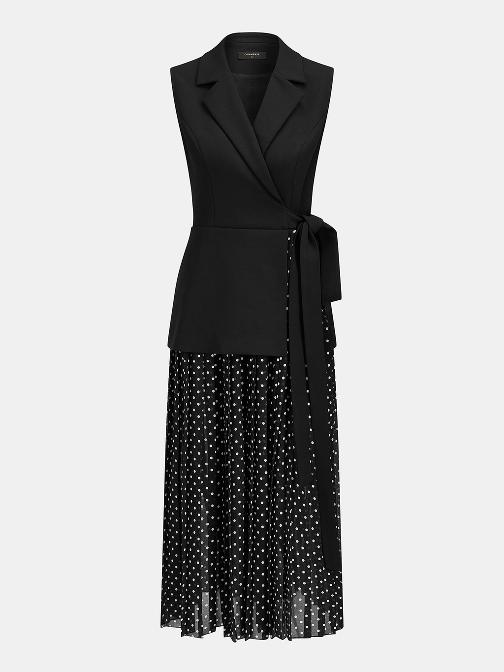 Belden Bağlamalı Blazer Stil Puantiyeli Maxi Elbise