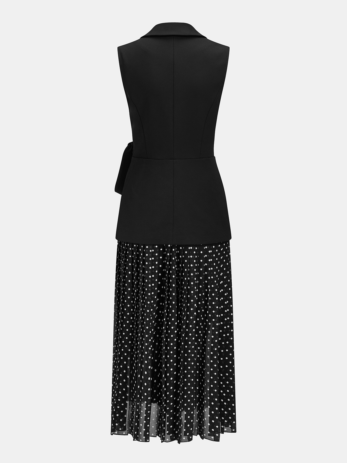 Belden Bağlamalı Blazer Stil Puantiyeli Maxi Elbise