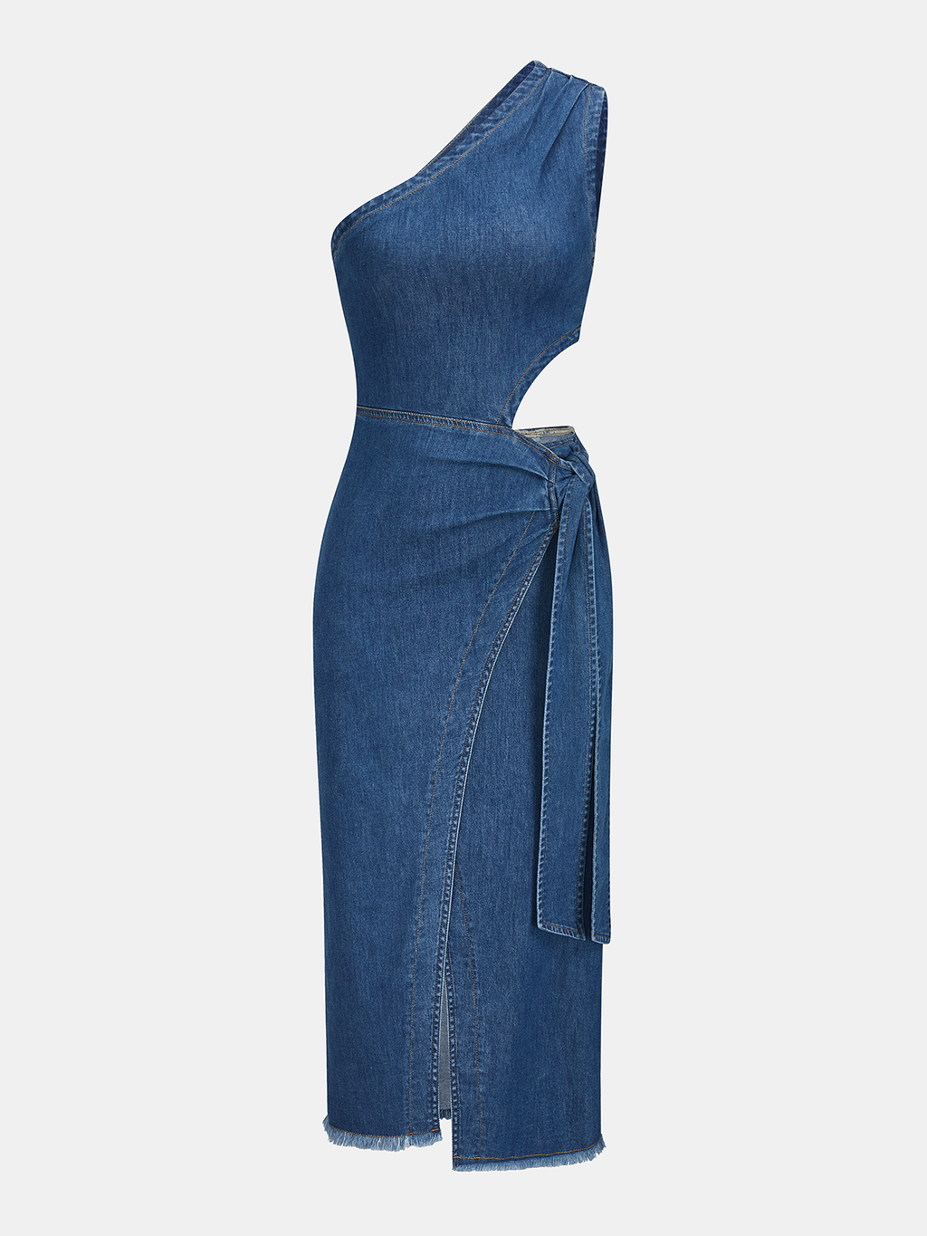 Tek Omuzlu Dekolteli Denim Midi Elbise