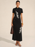Çiçek Nakışlı Cheongsam Maxi Elbise