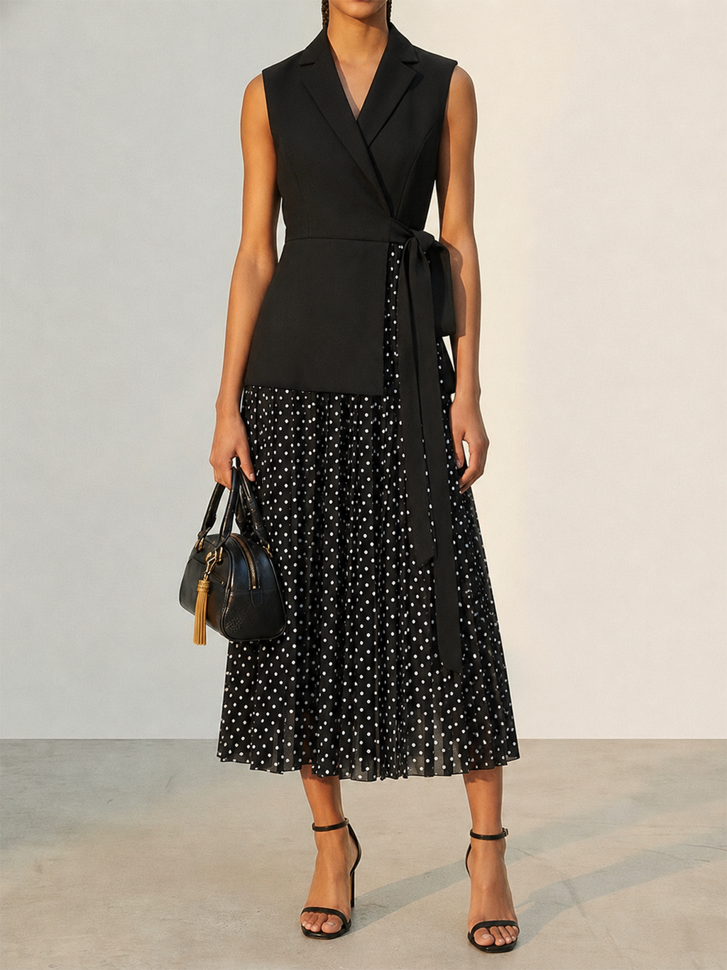 Belden Bağlamalı Blazer Stil Puantiyeli Maxi Elbise
