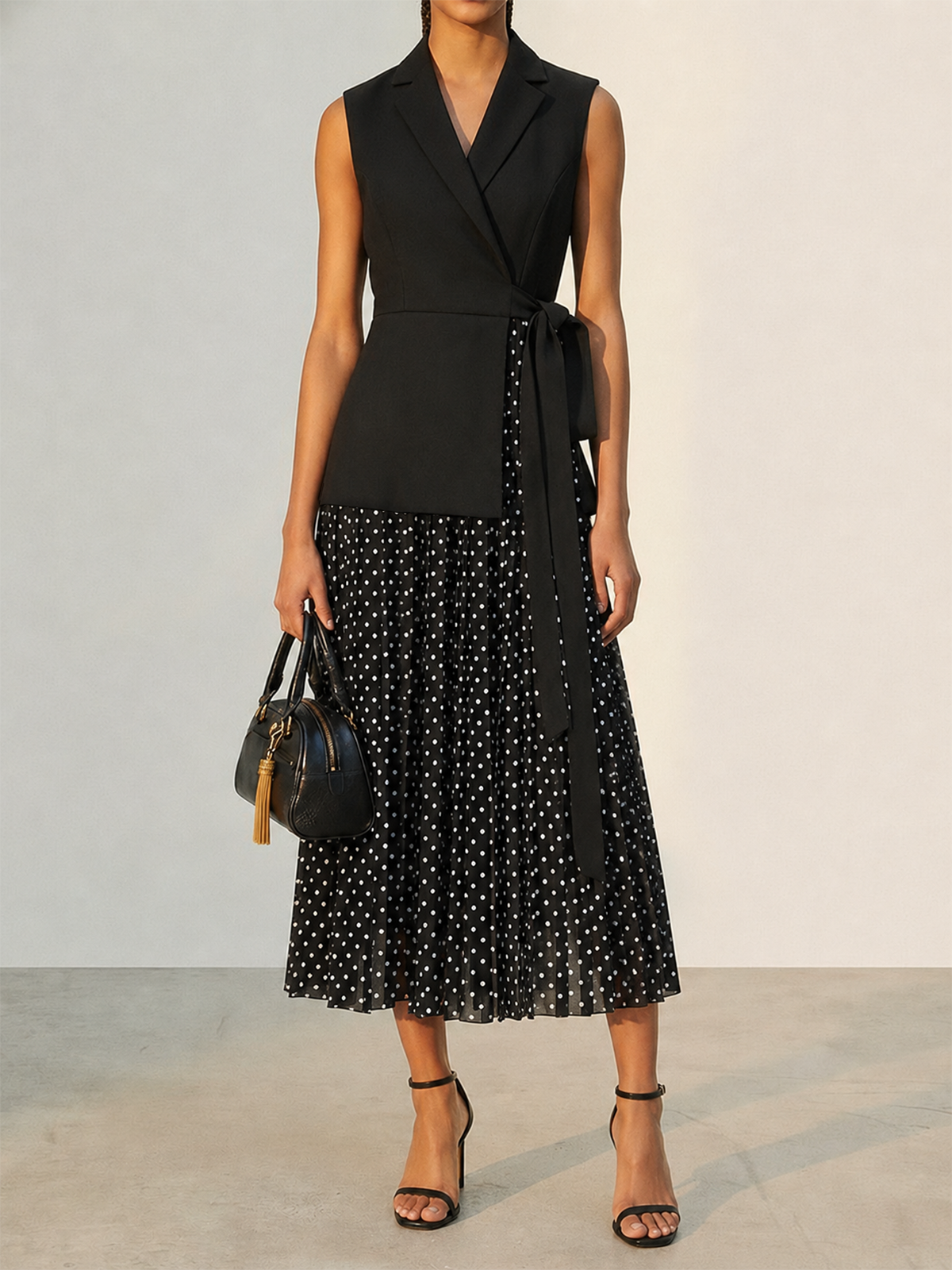 Belden Bağlamalı Blazer Stil Puantiyeli Maxi Elbise