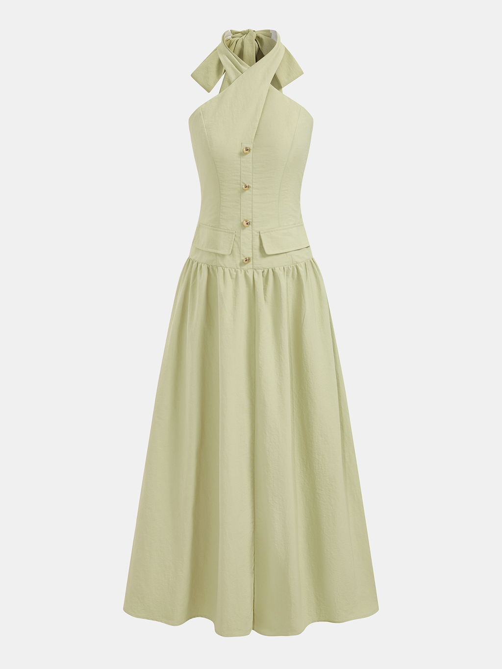 Halter Yaka Beli Oturan Pamuklu Maxi Elbise