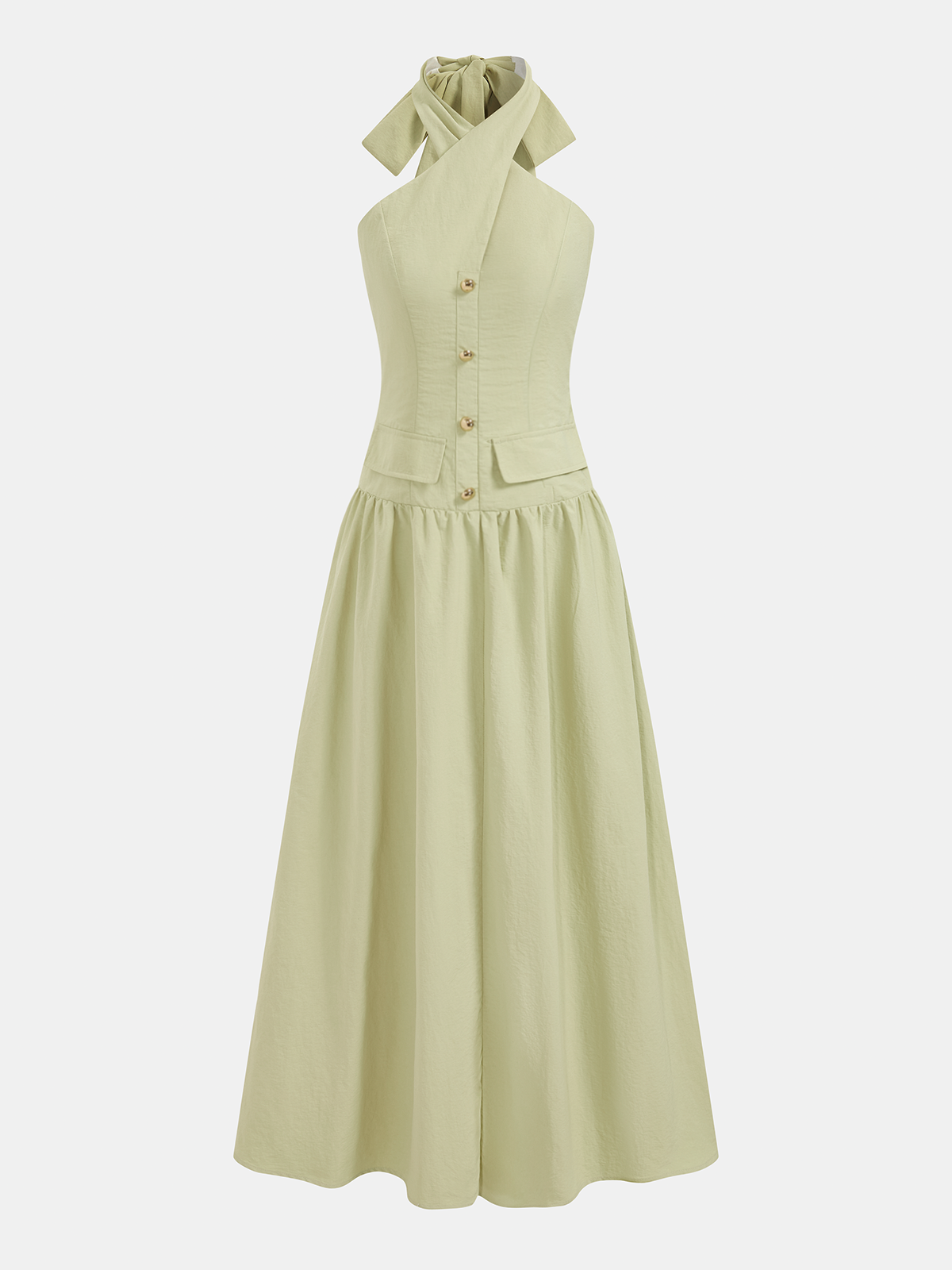 Halter Yaka Beli Oturan Pamuklu Maxi Elbise