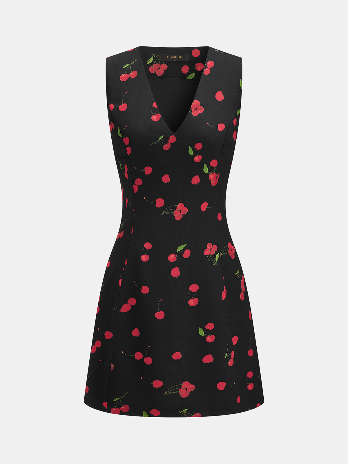Cherry Desenli Kolsuz V Yaka Mini Elbise