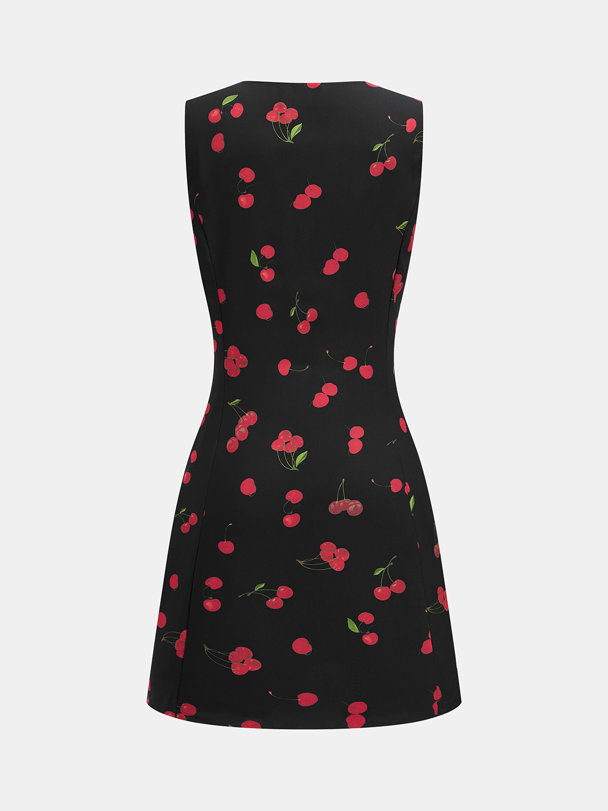 Cherry Desenli Kolsuz V Yaka Mini Elbise