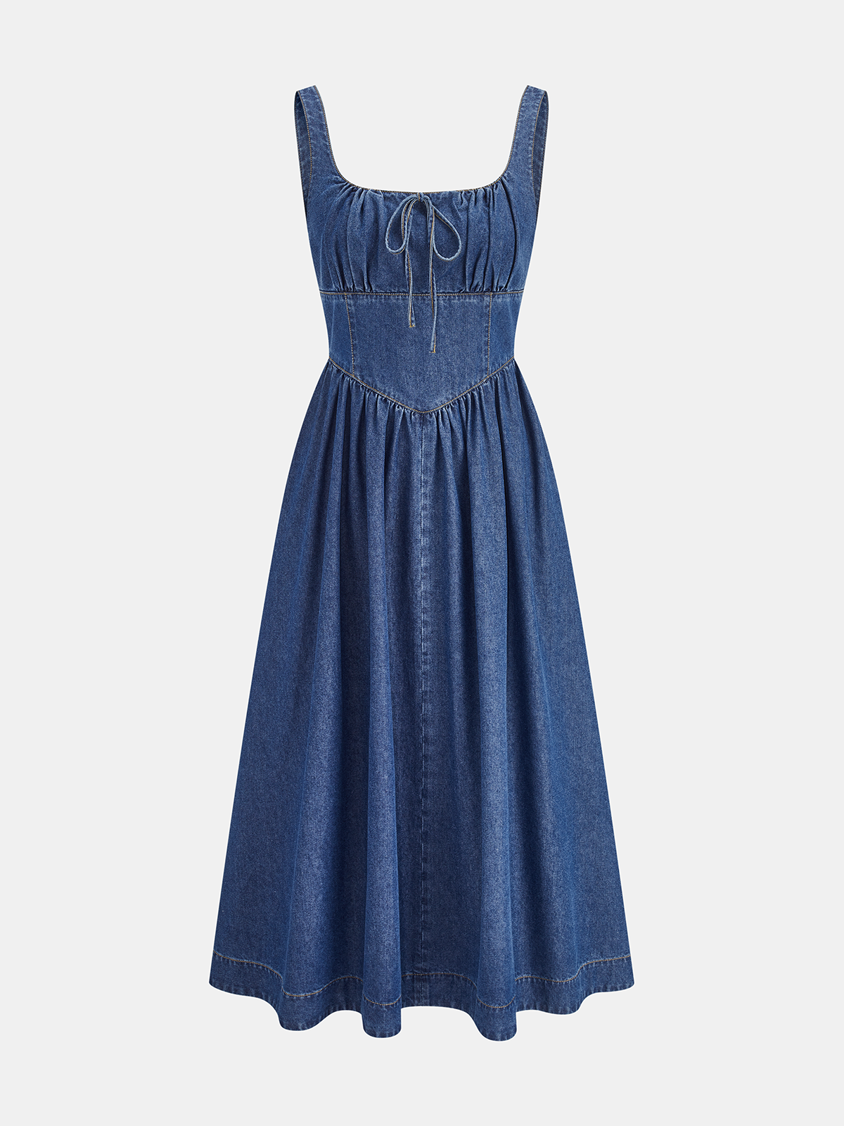Denim Kare Yaka Önden Bağlamalı Midi Elbise