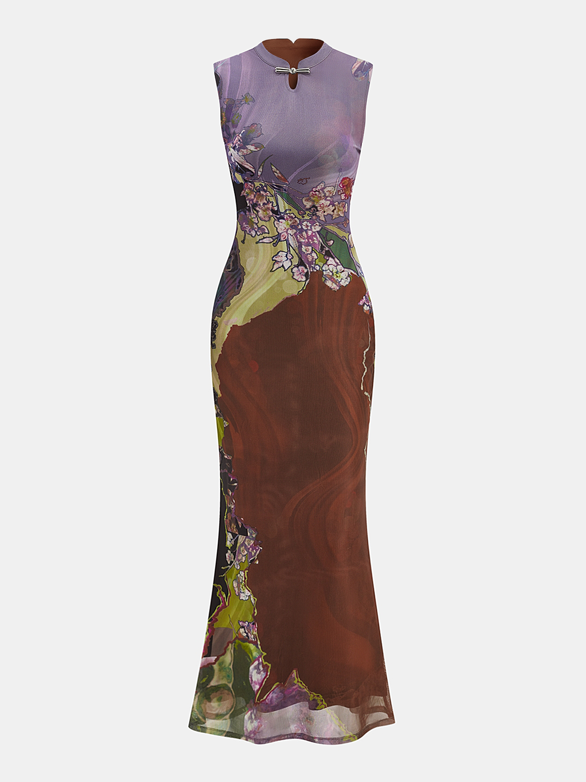 Kolsuz Çiçek Desenli Cheongsam Maxi Elbise