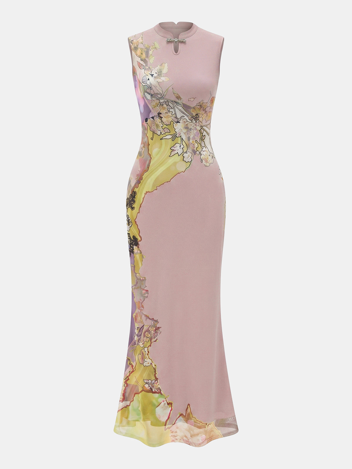 Kolsuz Çiçek Desenli Cheongsam Maxi Elbise
