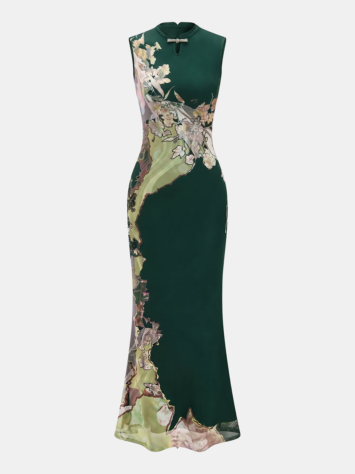 Kolsuz Çiçek Desenli Cheongsam Maxi Elbise