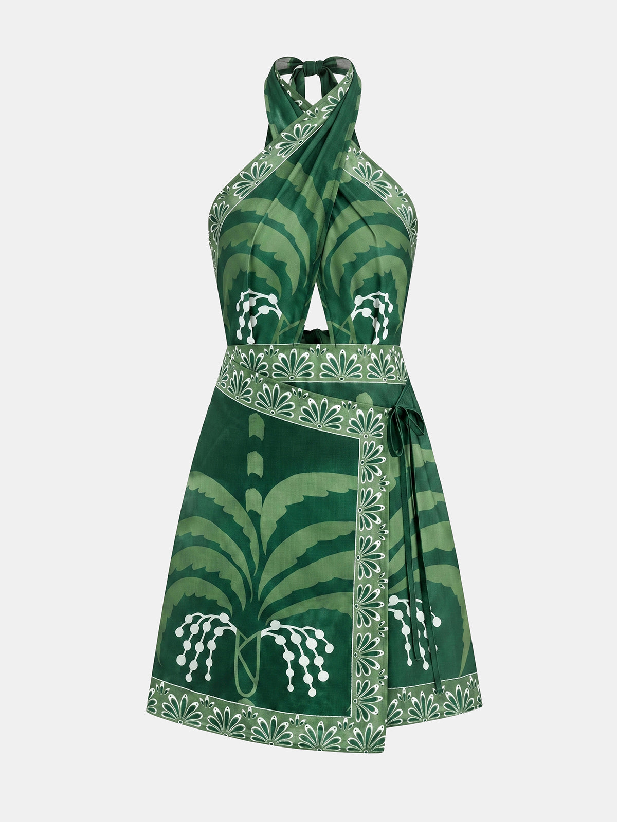 Tropikal Desenli Halter Yaka Anvelop Mini Elbise