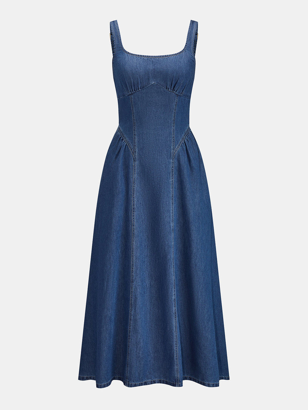 Kare Yaka Büzgü Dikişli Denim Maxi Elbise