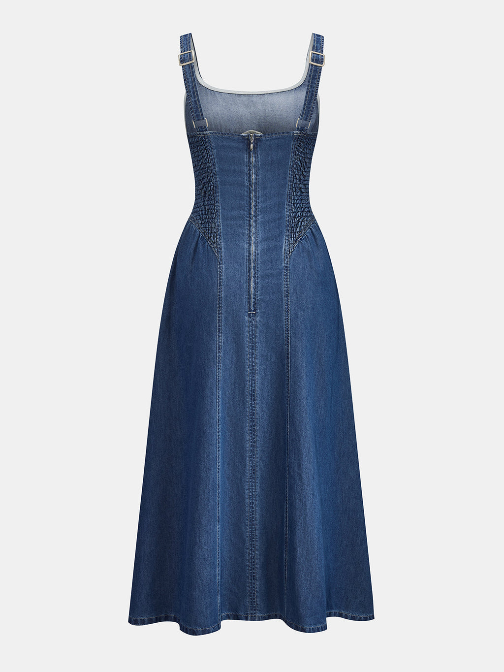 Kare Yaka Büzgü Dikişli Denim Maxi Elbise