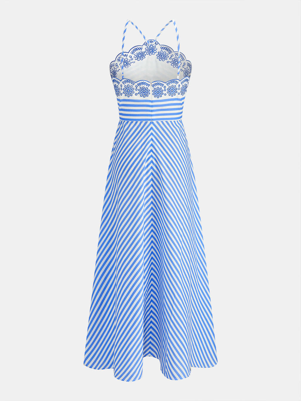 Nakışlı Çizgili İnce Askılı Midi Elbise