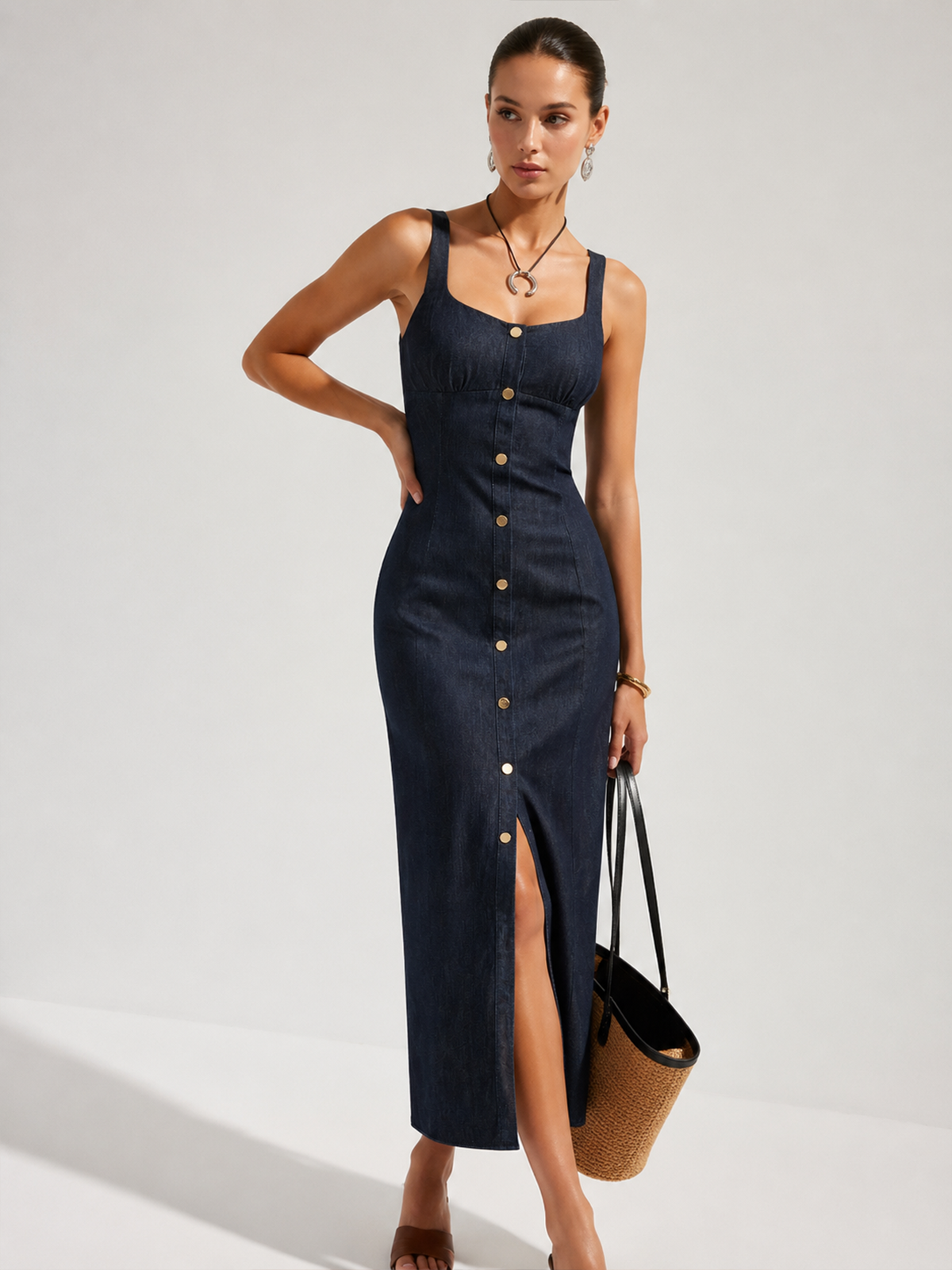 Önden Düğmeli Denim Midi Elbise