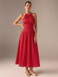 Sırt Fiyonklu Halter Yaka Maxi Elbise