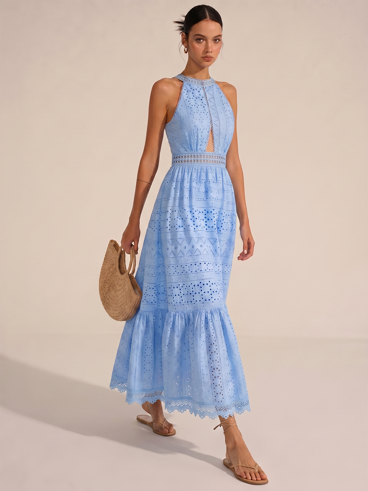 Halter Yaka Fisto Dekolteli Midi Elbise